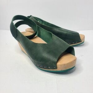 TRIPPEN Orinoco Wooden Clog Strappy Sandal Green Leather EU 39 US 8